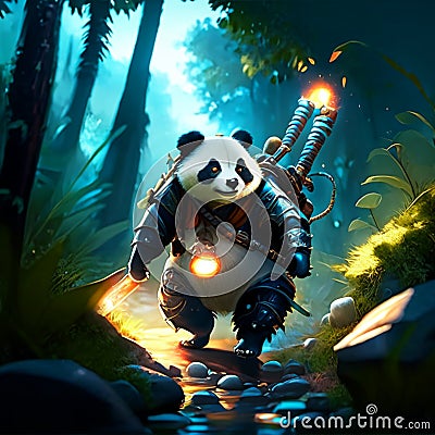 3d render of a panda warrior with a torch in his hand AI generated Stock Photo