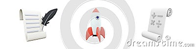 3d render paper roll, rocket, mathmetical operations icon set on white background. 3d rendering paper roll, rocket Stock Photo