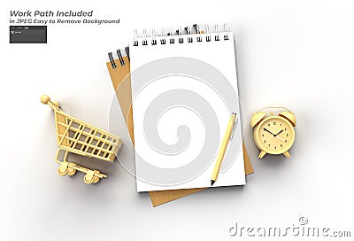 3D Render Pen and Notepad with Alram Clock and Shopping Cart Pen Tool Created Clipping Path Included in JPEG Easy to Composite Stock Photo