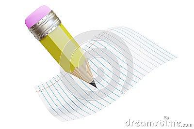 3d Render Pencil Writing on White Paper. Note Taking Concept Isolated on White Background Stock Photo