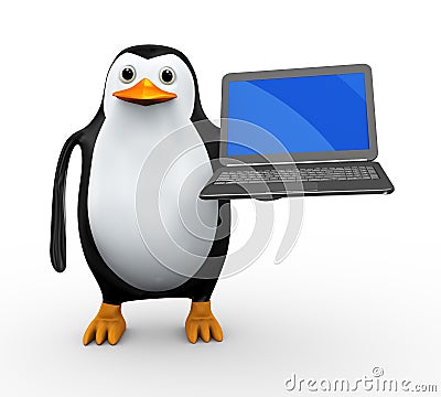 3d render of penguin holding laptop Cartoon Illustration