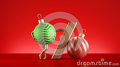 3d render, percent symbol, seasonal sale concept, Christmas character glass green ball ornament with golden legs, isolated on red Stock Photo