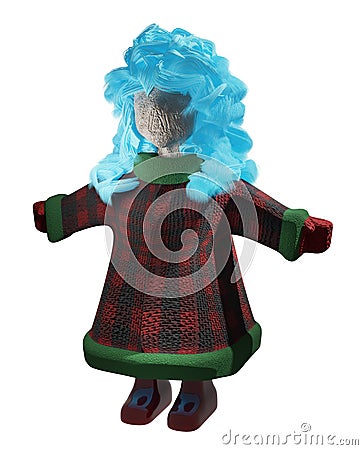 3D image of a wooden doll with blue hair in a coat and rubber boots Stock Photo