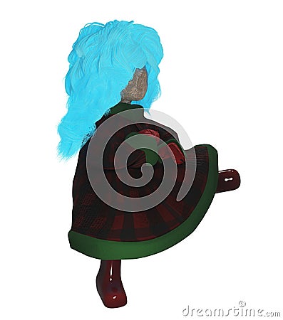 3D image of a wooden doll with blue hair in a coat and rubber boots Stock Photo