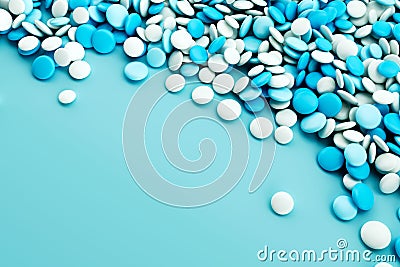 3D render of a pile of blue and white chocolate drops on a blue background with copy space Stock Photo