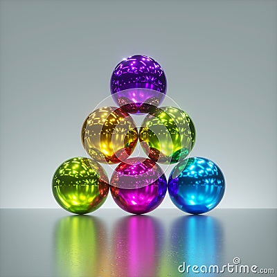 3d render, pile of colorful pink violet yellow green blue metallic balls isolated on silver background. Glossy chrome spheres. Stock Photo