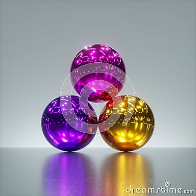 3d render, pile of colorful pink violet yellow metallic balls isolated on silver background. Glossy chrome spheres. Stock Photo