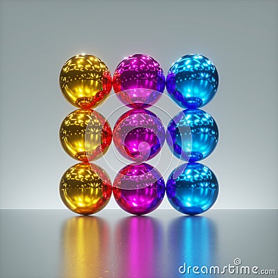 3d render, pile of colorful yellow pink blue metallic balls isolated on silver background. Glossy chrome spheres. Stock Photo