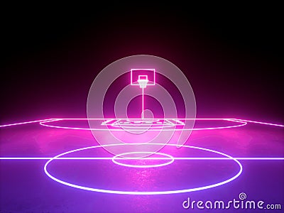 3d render, pink blue glowing neon light, basket on basketball field scheme, virtual sport playground, sportive game Stock Photo