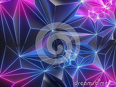 3d render, pink blue neon crystallized background, polygonal mesh, glowing light, faceted texture Stock Photo
