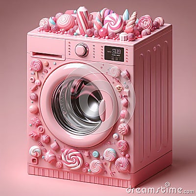3d render of a pink cartoon washing machine sweet sugar cleaning Stock Photo