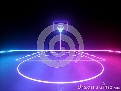 3d render, pink violet blue glowing neon lines, frontal view of the basketball basket, sportive game virtual playground Stock Photo