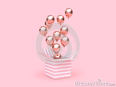 3d render pink white box open rose gold metallic balloon floating minimal pink background Stock Photo