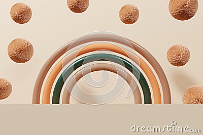 3d render of plastic modern rainbow with flying furry balls on a beige background Stock Photo