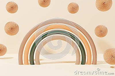 3d render of plastic modern rainbow with flying furry balls on a beige background Stock Photo