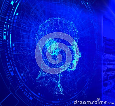 3d render Plexus combined with Abstract polygonal male head model on blue background. Innovation and technology concept Stock Photo