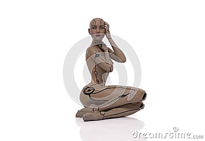 3D Render : the portrait of female cyborg sitting in the white background studio Stock Photo