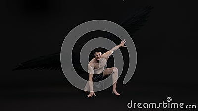 3D Render : The portrait of male angel kneel down with the black background Stock Photo