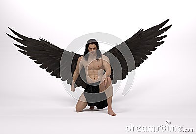 3D Render : the portrait of a male angel kneel down in the white background Stock Photo