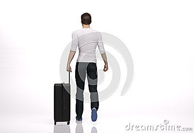 3D Render : The portrait of male traveler with the luggage in his hand, walking in the studio Stock Photo