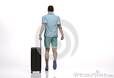 3D Render : The portrait of male traveler with the luggage in his hand, walking in the studio Stock Photo