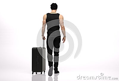 3D Render : The portrait of male traveler with the luggage in his hand, walking in the studio Stock Photo