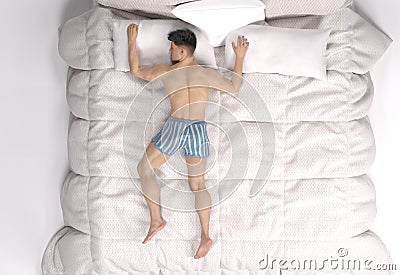 3D Render : The portrait of sleeping male character in the big white bed Stock Photo