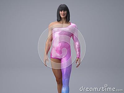 3D Render : Portrait of a transgender woman with shiny sparkling pink colour costume. Stock Photo