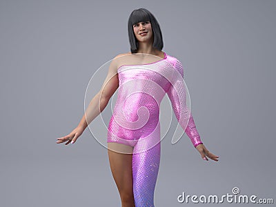 3D Render : Portrait of a transgender woman with shiny sparkling pink colour costume. Stock Photo