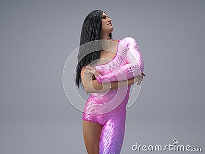 3D Render : Portrait of a transgender woman with shiny sparkling pink colour costume. Stock Photo