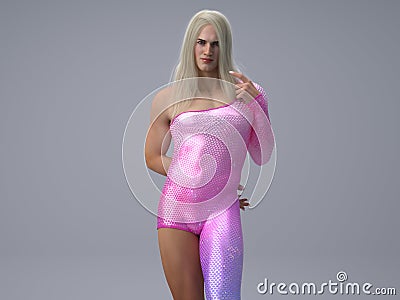 3D Render : Portrait of a transgender woman with shiny sparkling pink colour costume. Stock Photo