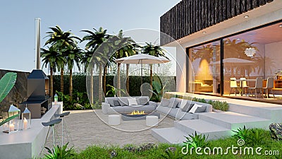 3D render of private house with luxury wooden deck Cartoon Illustration