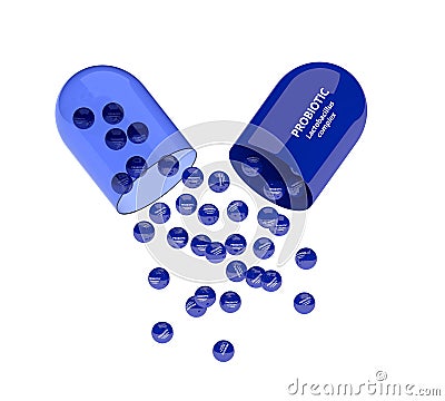 3d render of probiotic pill with granules over white Stock Photo