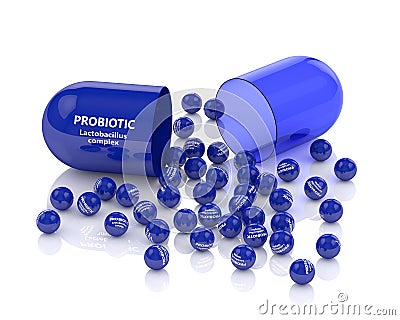 3d render of probiotic pill with granules over white Stock Photo