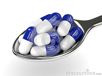 3d render of probiotic pills on spoon over white Stock Photo