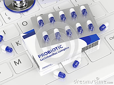 3d render of probiotic pills with stethoscope Stock Photo