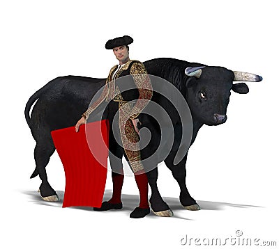 Proud Male Matador and a Bull on a white background Stock Photo