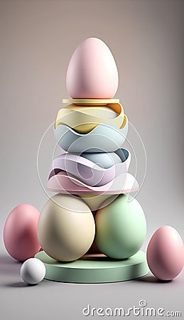 3d render of pyramid made of multicolored eggs on grey background Stock Photo