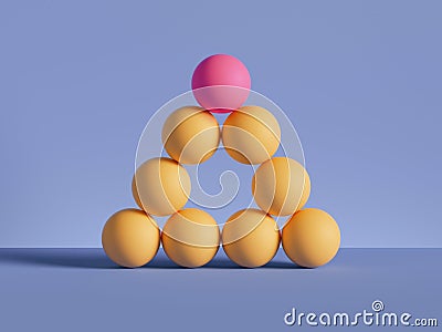 3d render, pyramid of yellow balls isolated on violet background. Billiards game. Primitive geometric shapes. One of a kind. Stock Photo