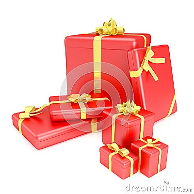 3D render of red gift boxes with yellow ribbons Stock Photo