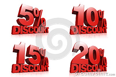 3D render red text 5, 10, 15, 20 percent discount Stock Photo