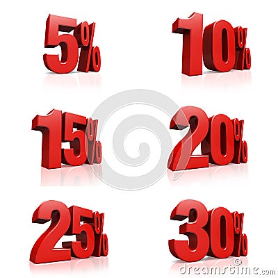 3D render red text 5, 10, 15, 20, 25, 30 percent Stock Photo