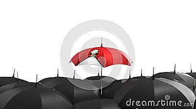 3d render Red umbrella stand out from the crowd of many black an Stock Photo