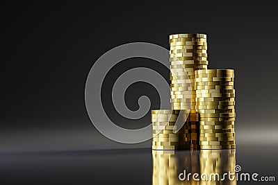 Rising stacks of Euro coins with a seamless dark background and reflections Stock Photo