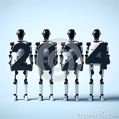 3d render of robot team with 2024 New Year text on blue background, artificial intelligence concept, generative ai Stock Photo
