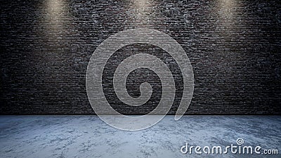 3D room interior with brick wall with spotlights shining down Stock Photo