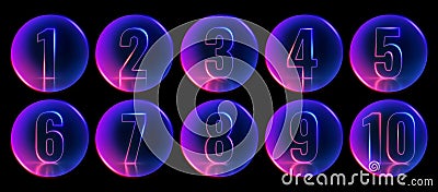 3d render, round buttons with neon numbers from one to ten glowing in the dark with ultraviolet light, pink blue gradient laser Stock Photo