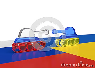 3d render russian and ukraine battle tank facing each other on top of the flag Stock Photo