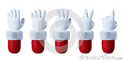 3d render, Santa Claus cartoon character hands, fingers show numbers from one to five. Counting sequence. Christmas clip art Stock Photo