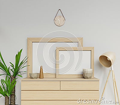 3d render of scandinavian house interior two a1 and a2 size empty poster mock up with wooden frame sitting horizontally on modern Cartoon Illustration